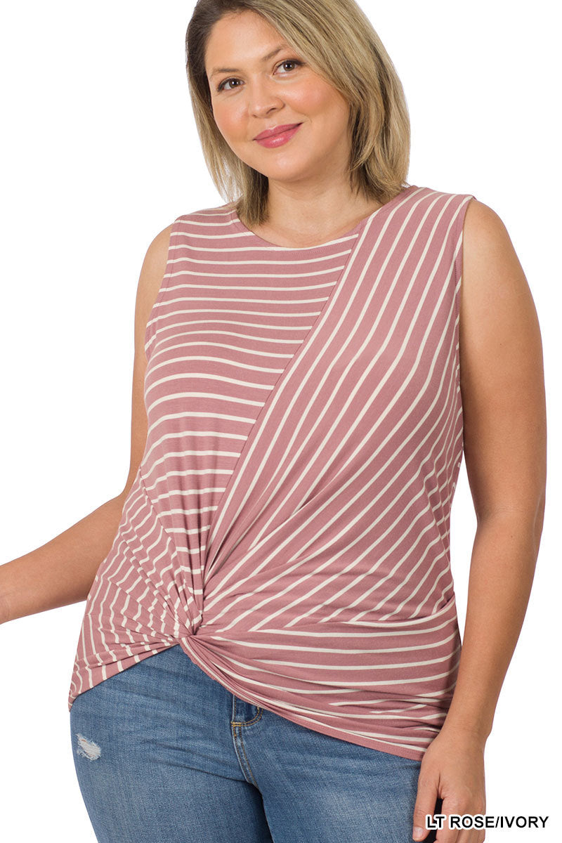 Plus Size Striped Knot Front Sleeveless Top (Multiple Colors)