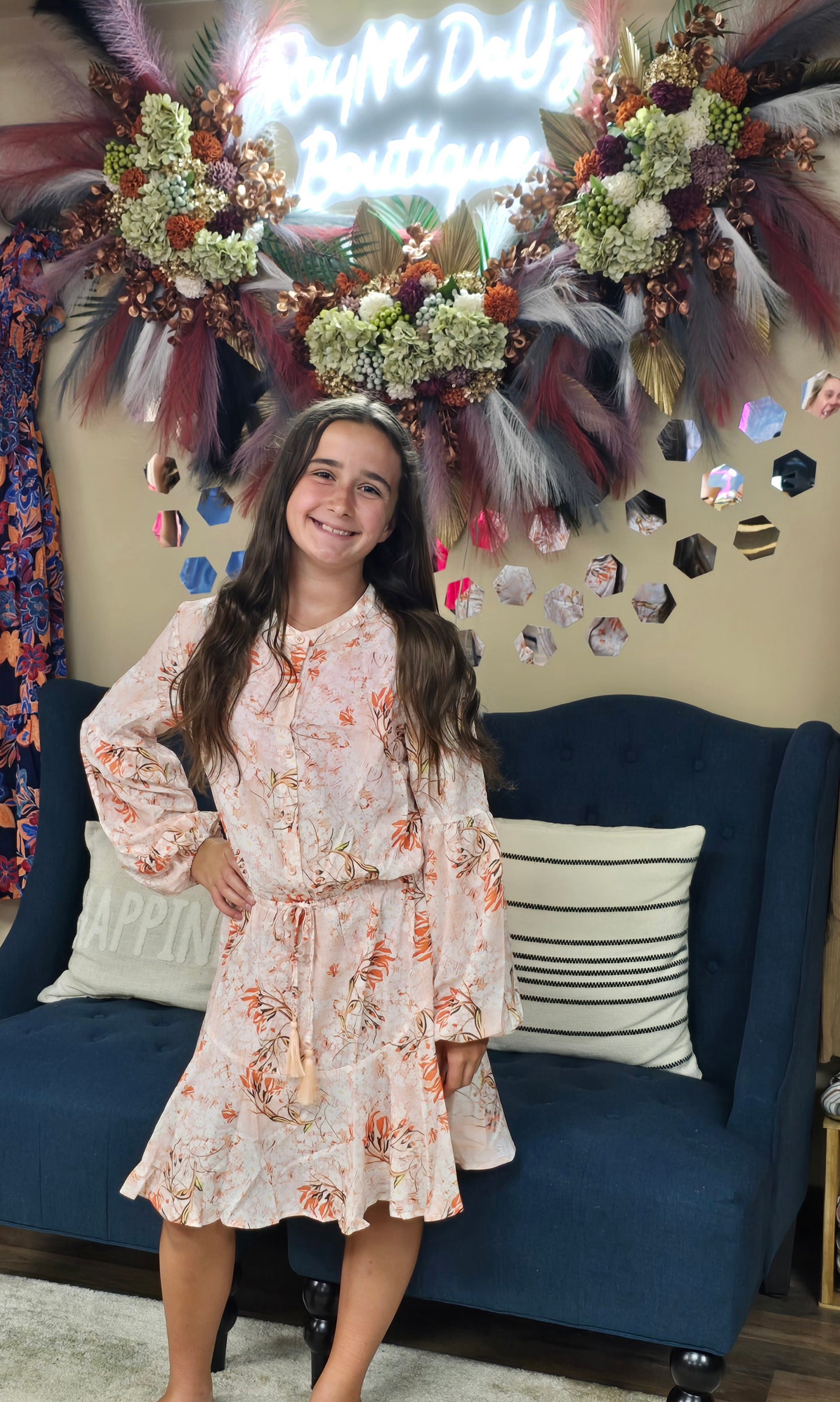 Orange Cinched Waist Floral Dress