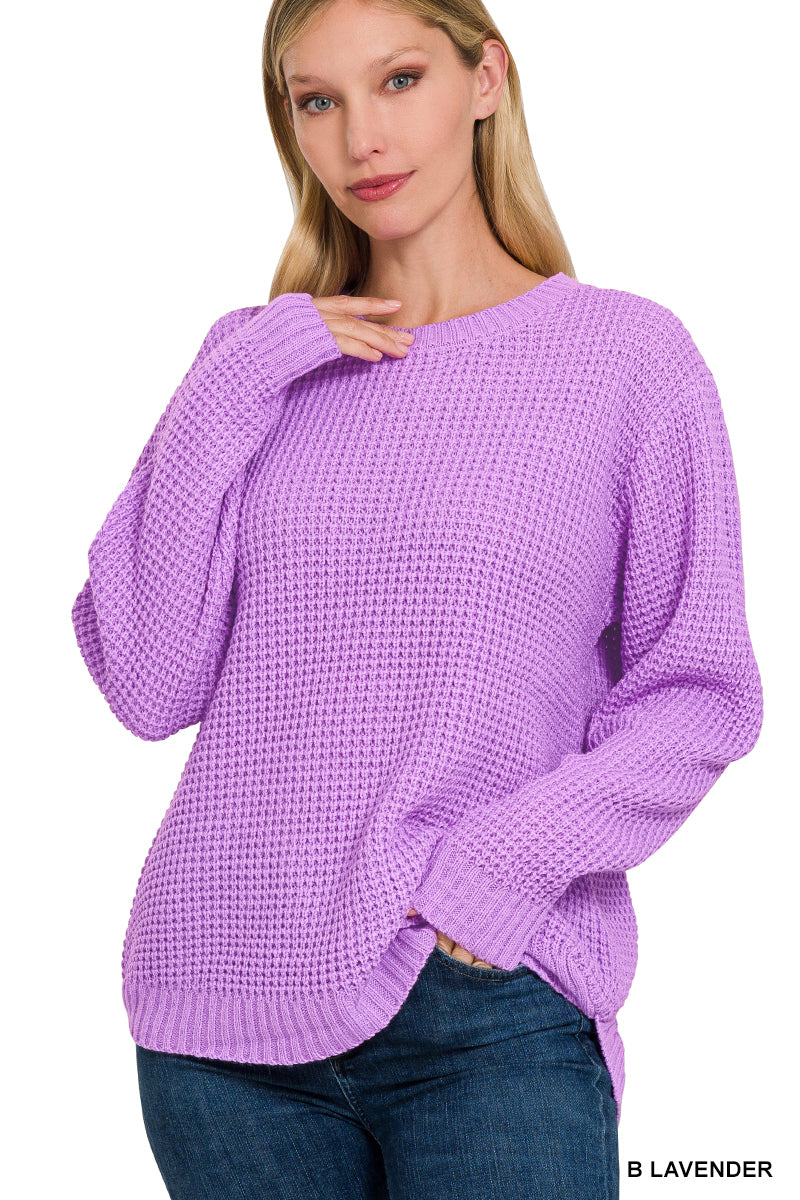 HI-LOW LONG SLEEVE ROUND NECK WAFFLE SWEATER (ZENANA)