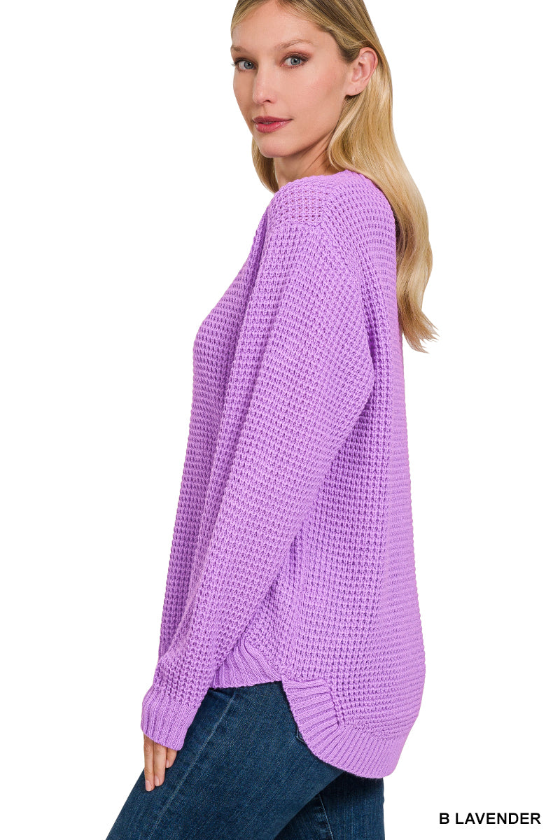 HI-LOW LONG SLEEVE ROUND NECK WAFFLE SWEATER (ZENANA)