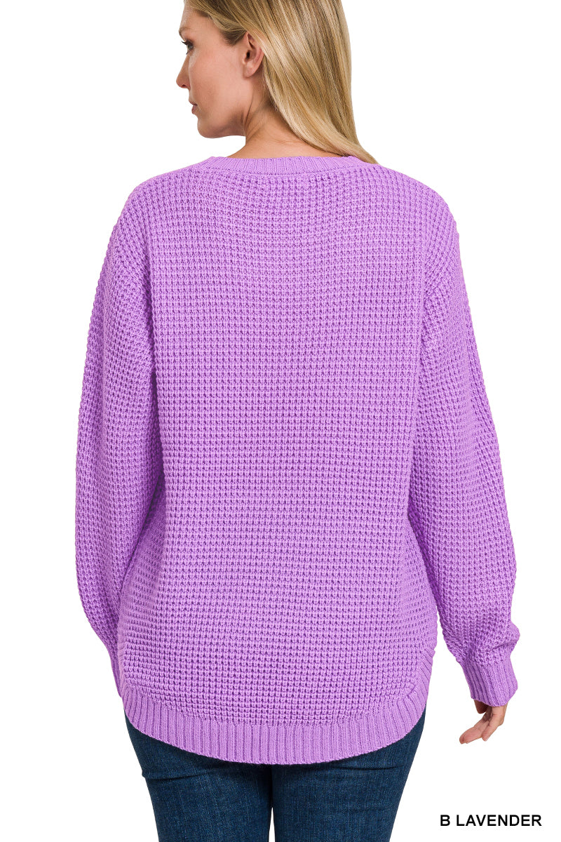 HI-LOW LONG SLEEVE ROUND NECK WAFFLE SWEATER (ZENANA)