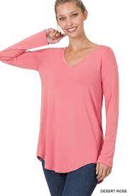 LUXE RAYON LONG SLEEVE V-NECK TUNIC DOLPHIN HEM TOP