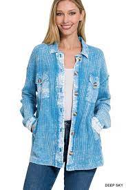 ZENANA COTTON WAFFLE ACID WASH OVERSIZED SHACKET