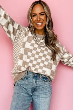 Khaki Checkered Drop Shoulder Sweater