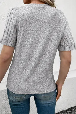 Gray Ribbed Splicing Sleeve T-shirt