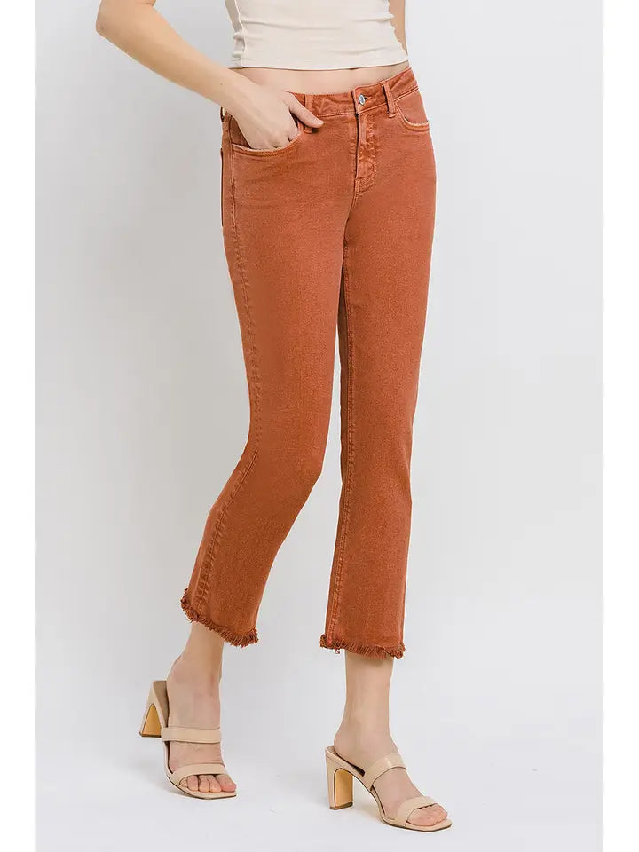 Vervet Mid Rise Frayed Hem Crop Slim Straight Jeans