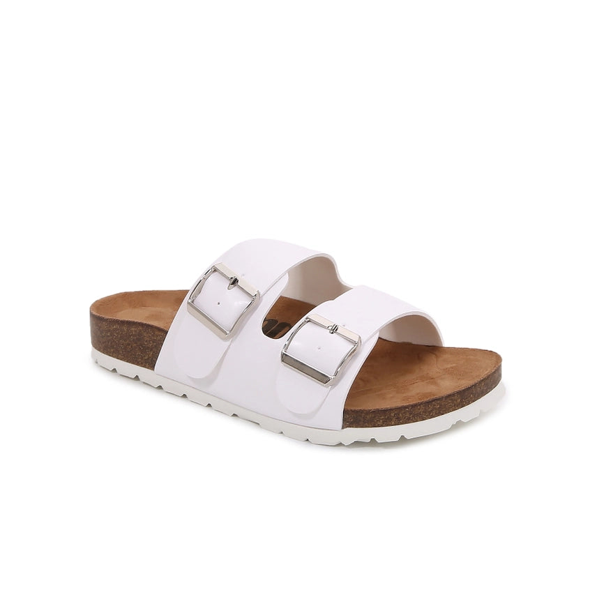 Soft Cork Double Strap Banded Slider Sandals - White