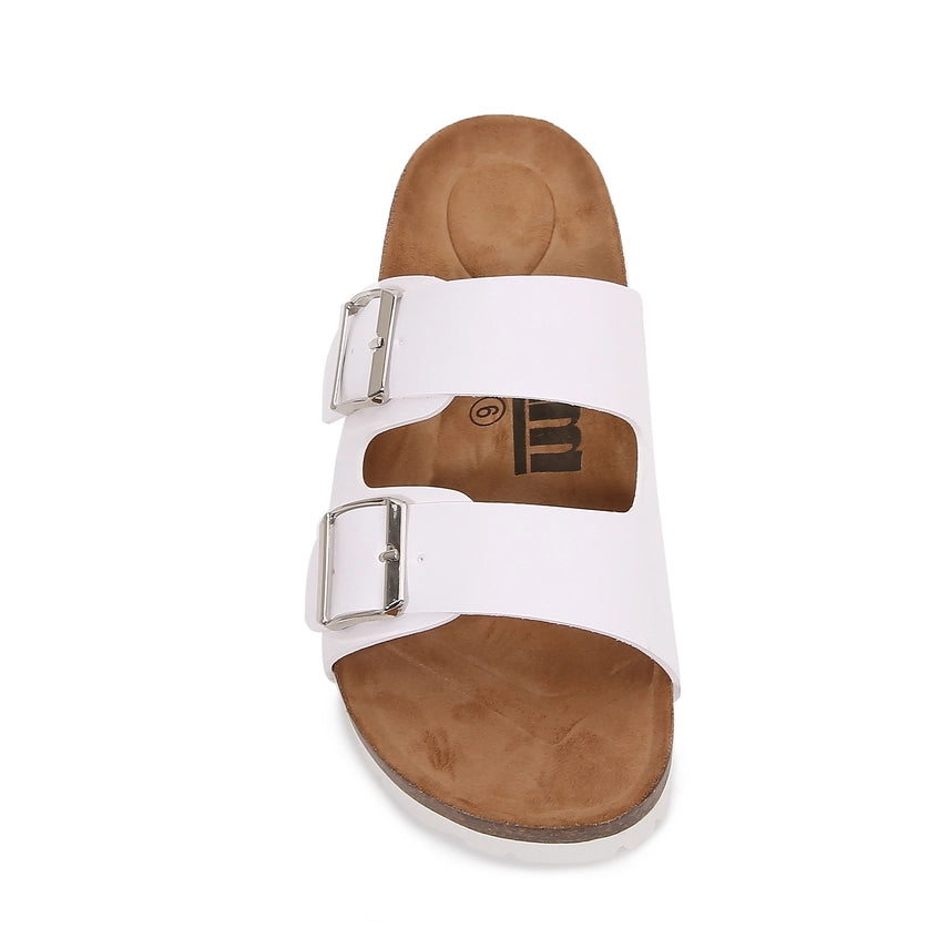 Soft Cork Double Strap Banded Slider Sandals - White