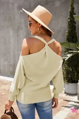 V Neck Twisted Back Cold Shoulder Sweater