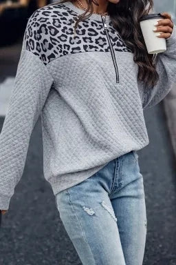 Gray Leopard Splicing Drop Shoulder Zipped Sweatshirt