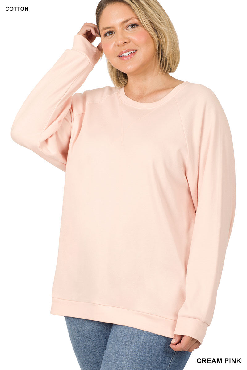 PLUS Cotton Raglan Long Sleeve Round Neck Pullover - Zenana (Multiple Colors)