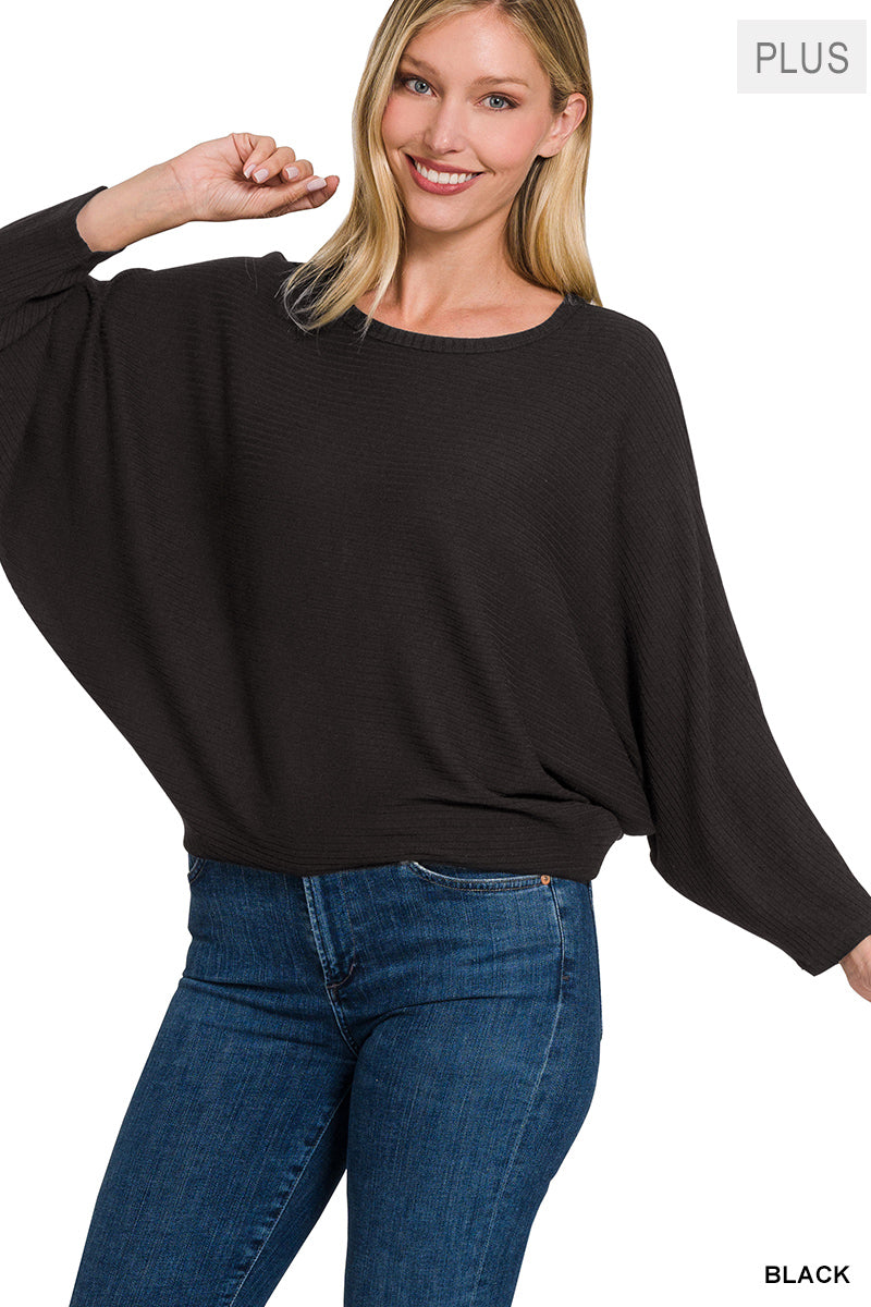 PLUS Ribbed Batwing Long Sleeve Boat Neck Sweater - Zenana (Multiple Colors)