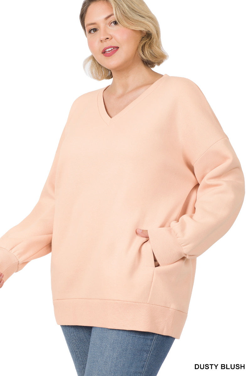 PLUS Long Sleeve V-Neck Sweatshirt Side Pockets - Zenana (Multiple Colors)