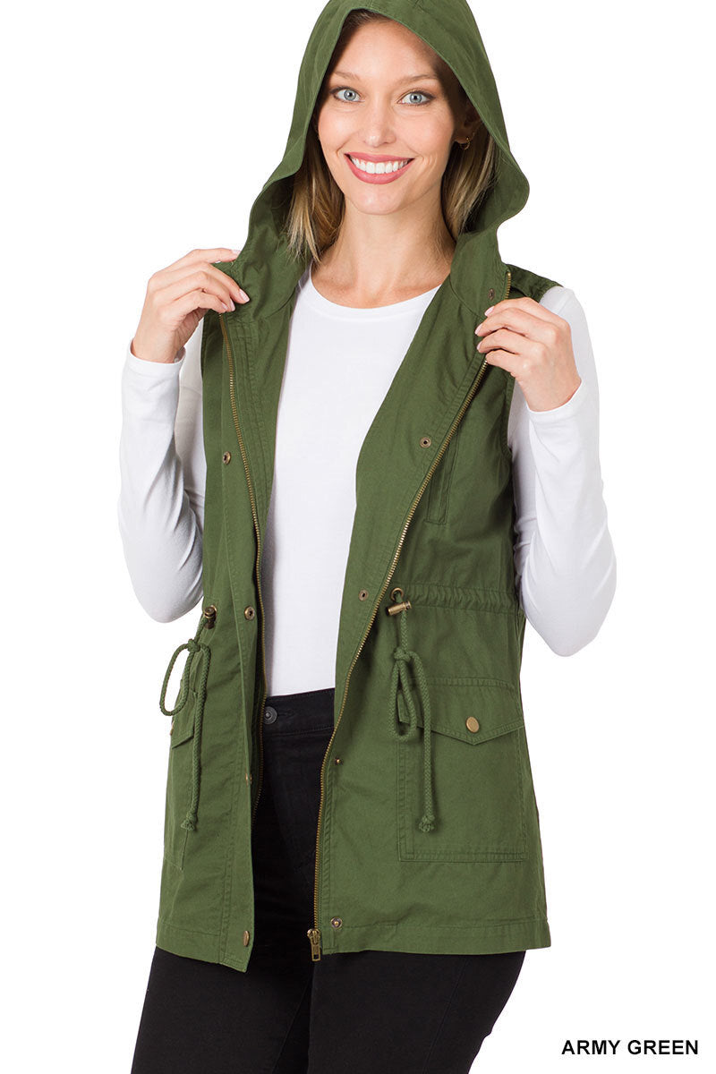 Drawstring Waist Military Hoodie Vest - Zenana (Multiple Colors)