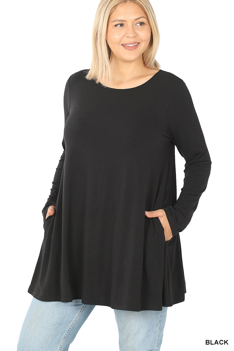 PLUS Long Sleeve Boat Neck Flared Tunic Top - Zenana (Multiple Colors)