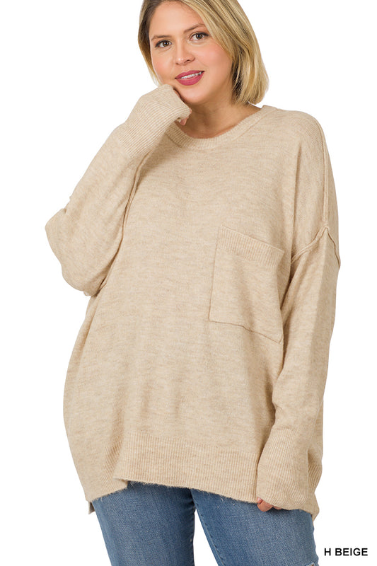 PLUS Melange Hi-Low Hem Pocket Sweater - Zenana