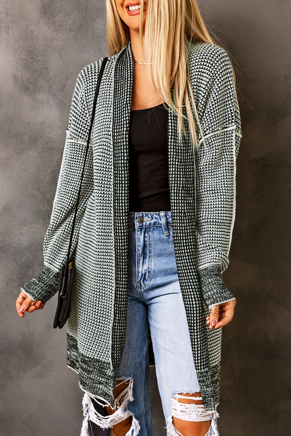 Plaid Knitted Long Open Front Cardigan (Multiple Colors)