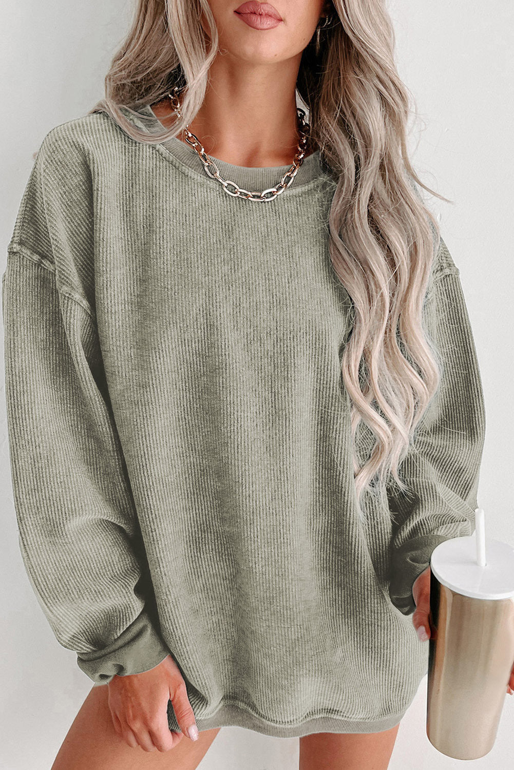 Green Gray Solid Ribbed Knit Round Neck Pullover Sweatshirt