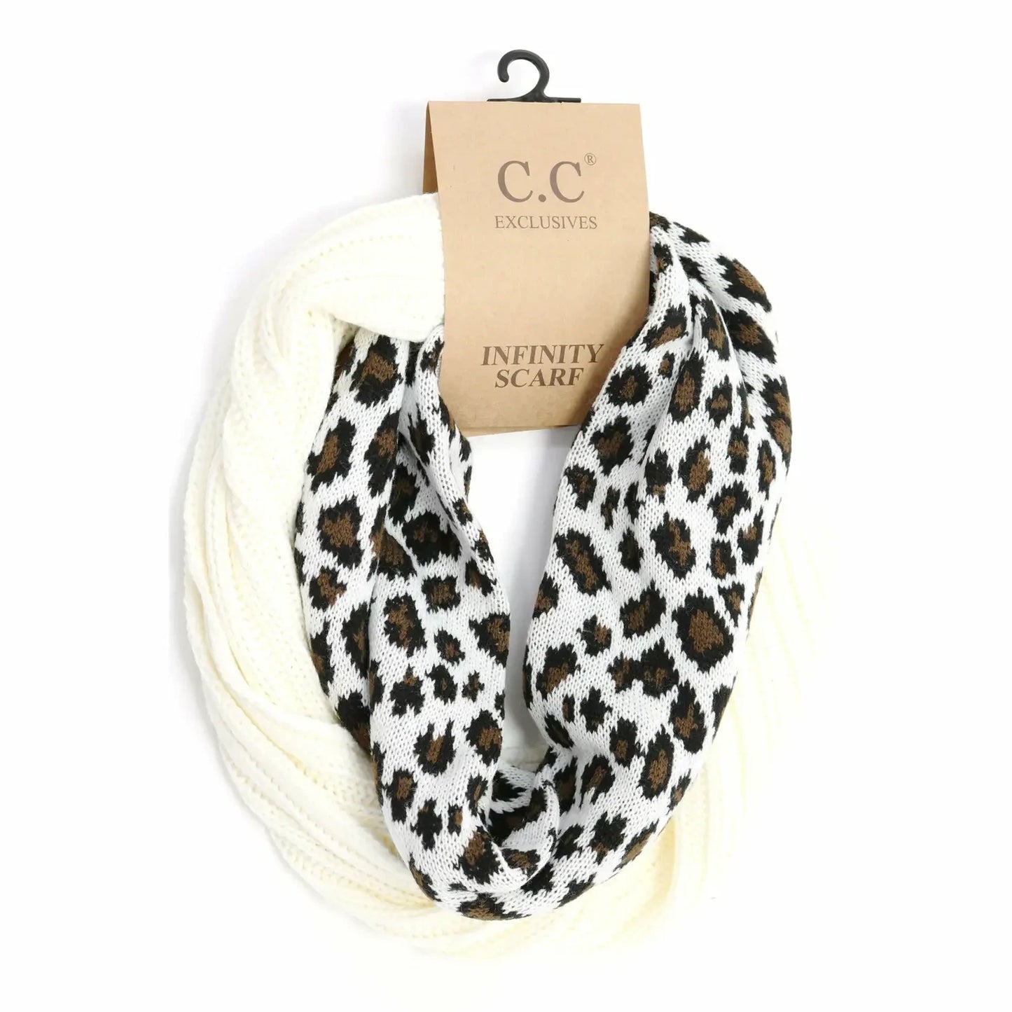 Ribbed Knit Leopard Accent Cc Infinity Scarf (White Leopard)