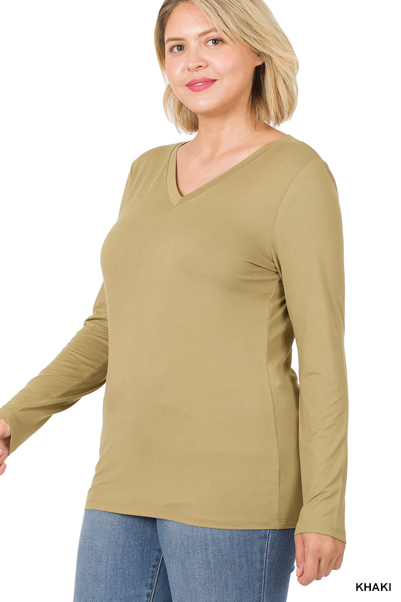 PLUS BRUSHED MICROFIBER LONG SLEEVE V-NECK TEE - ZENANA (MULTIPLE COLORS)