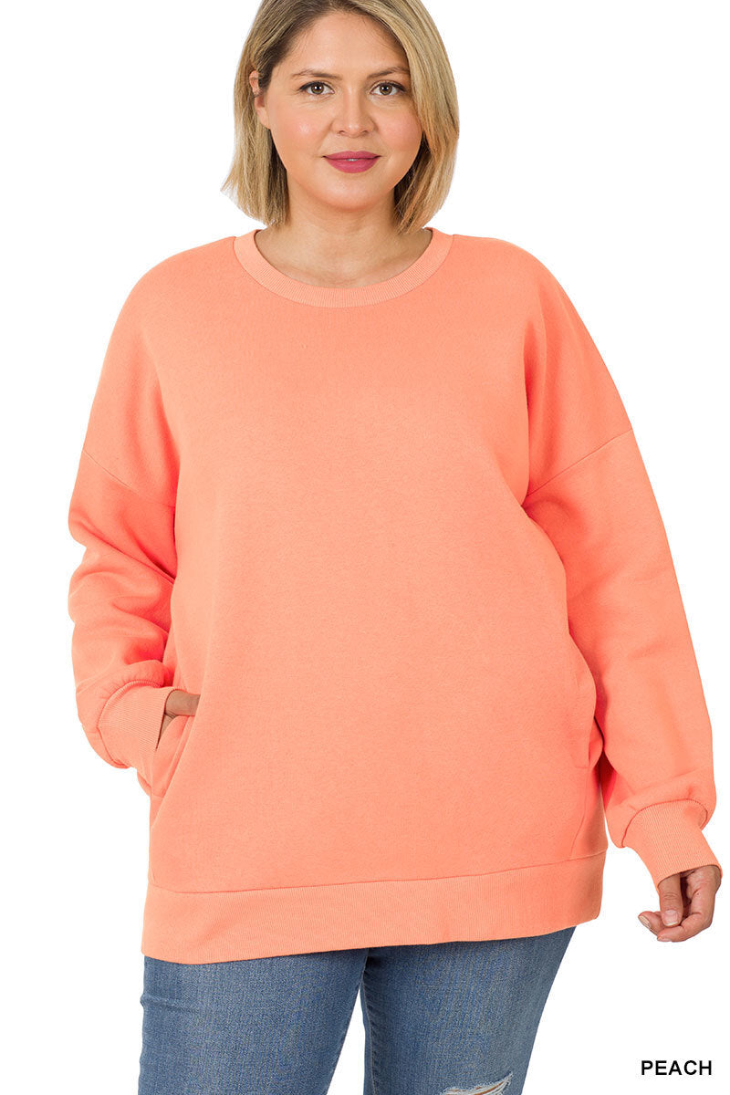 PLUS Long Sleeve Round Neck Pocket Sweater - Zenana (Multiple Colors)