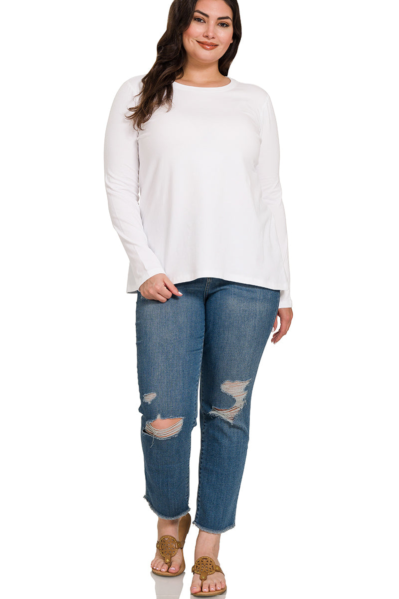 PLUS COTTON CREW NECK LONG SLEEVE T-SHIRT - ZENANA (MULTIPLE COLORS)