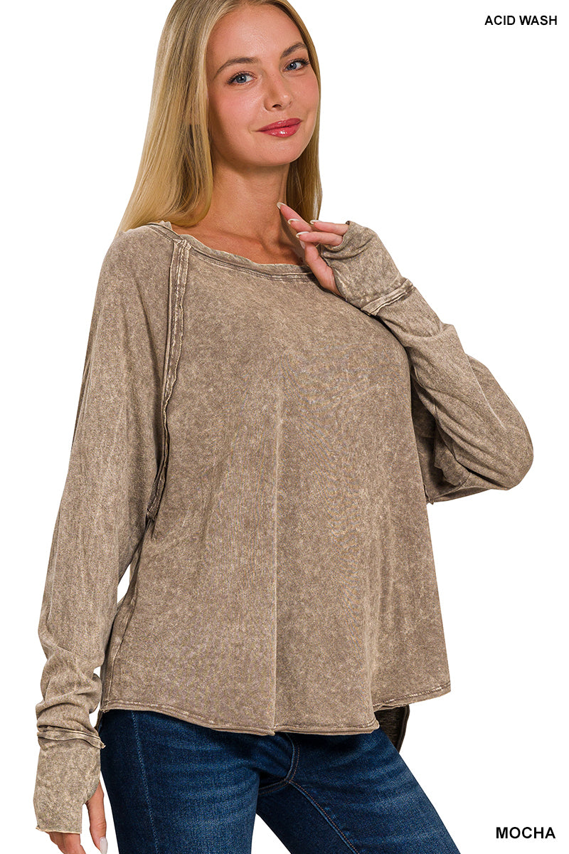 ZENANA CRINKLE WASHED THUMB HOLE CUFFS LONG SLEEVE TOP (MULTIPLE COLORS)